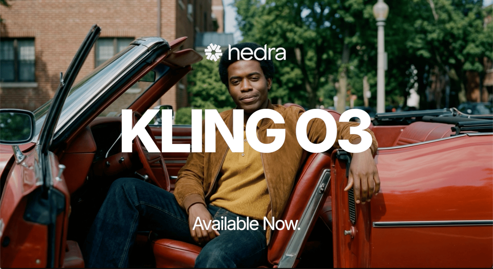 Title card with Hedra logo reading KLING O3 Available Now; man in a suede jacket sits in a red vintage convertible
