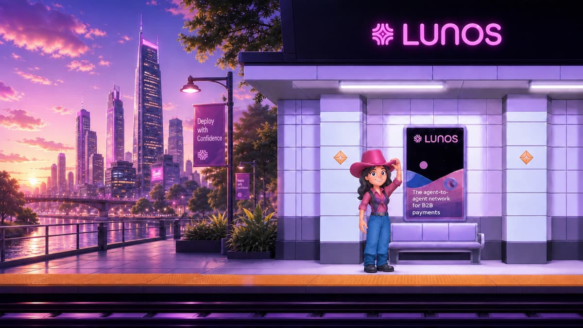 Cartoon woman in a pink cowboy hat on a neon-lit subway platform beside a Lunos ad for an agent-to-agent B2B payments network