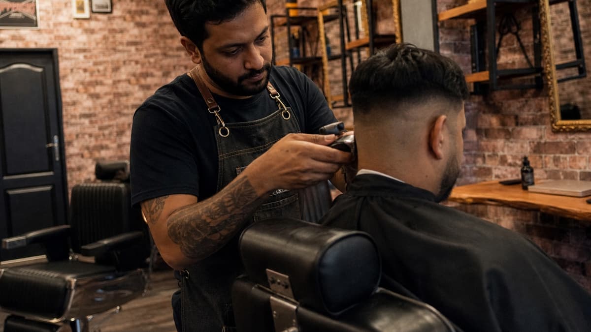 A barber gives a fade haircut in a real brick-walled barbershop — a synthetic barber composited into a real shop photo with GPT Image 2 Medium.