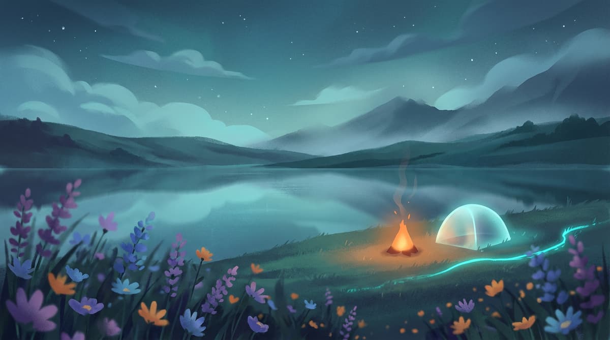 Illustration of a glowing tent and campfire beside a mountain lake at night, wildflowers in the foreground