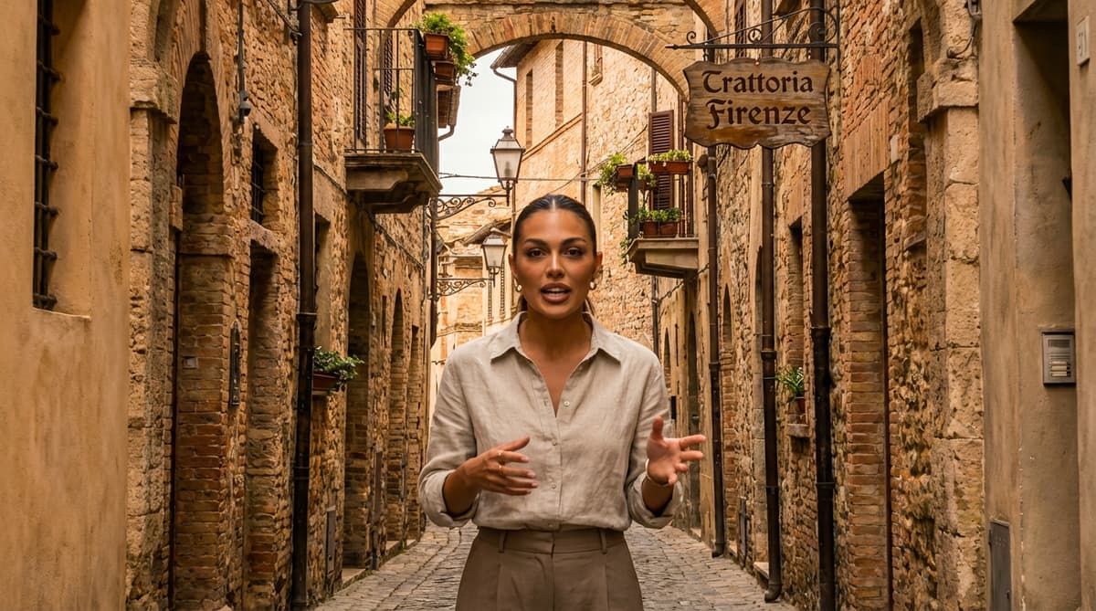 Woman in a beige shirt speaks and gestures in a narrow old stone alley beneath a "Trattoria Firenze" sign