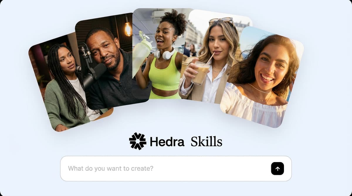 Five photo cards of people fan out above the Hedra Skills logo and a prompt box reading "What do you want to create?"