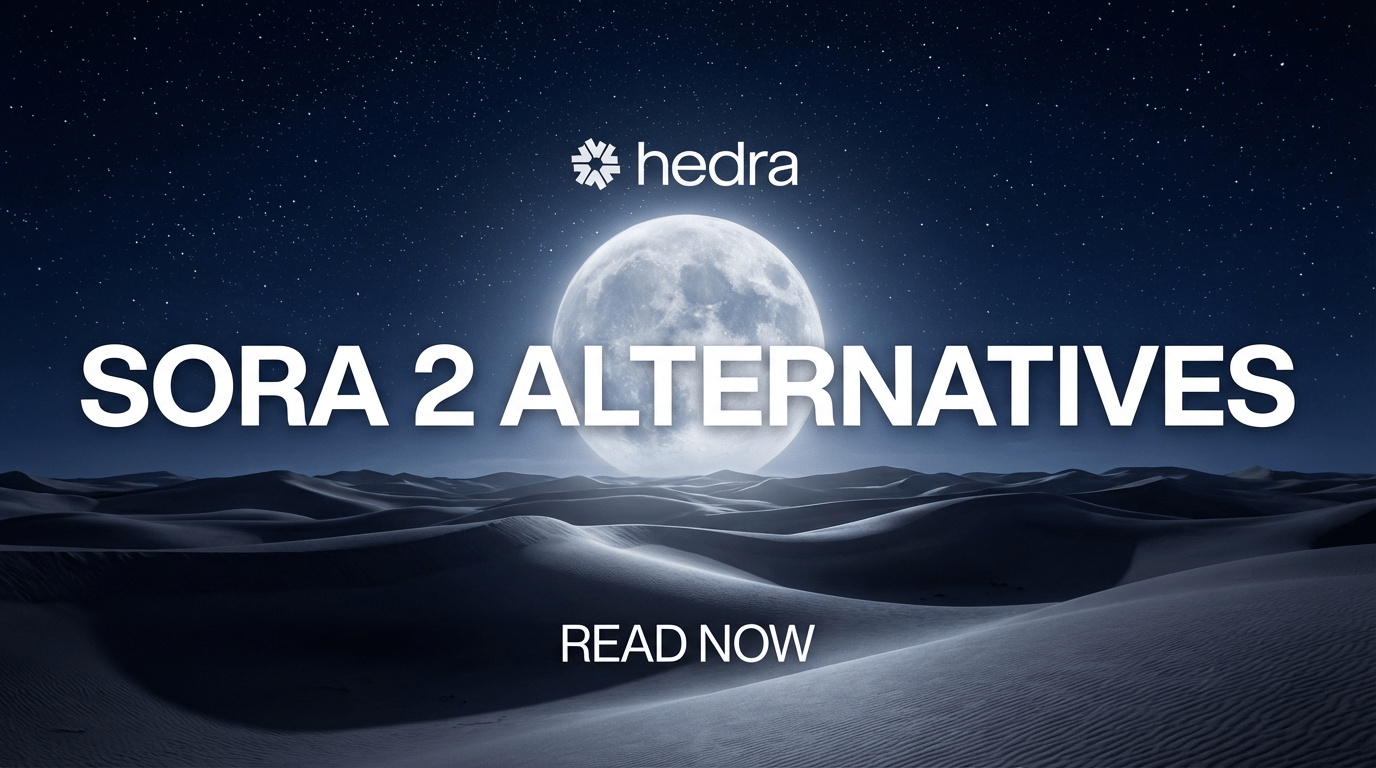 Title card with Hedra logo reading SORA 2 ALTERNATIVES and READ NOW over a full moon rising above desert dunes