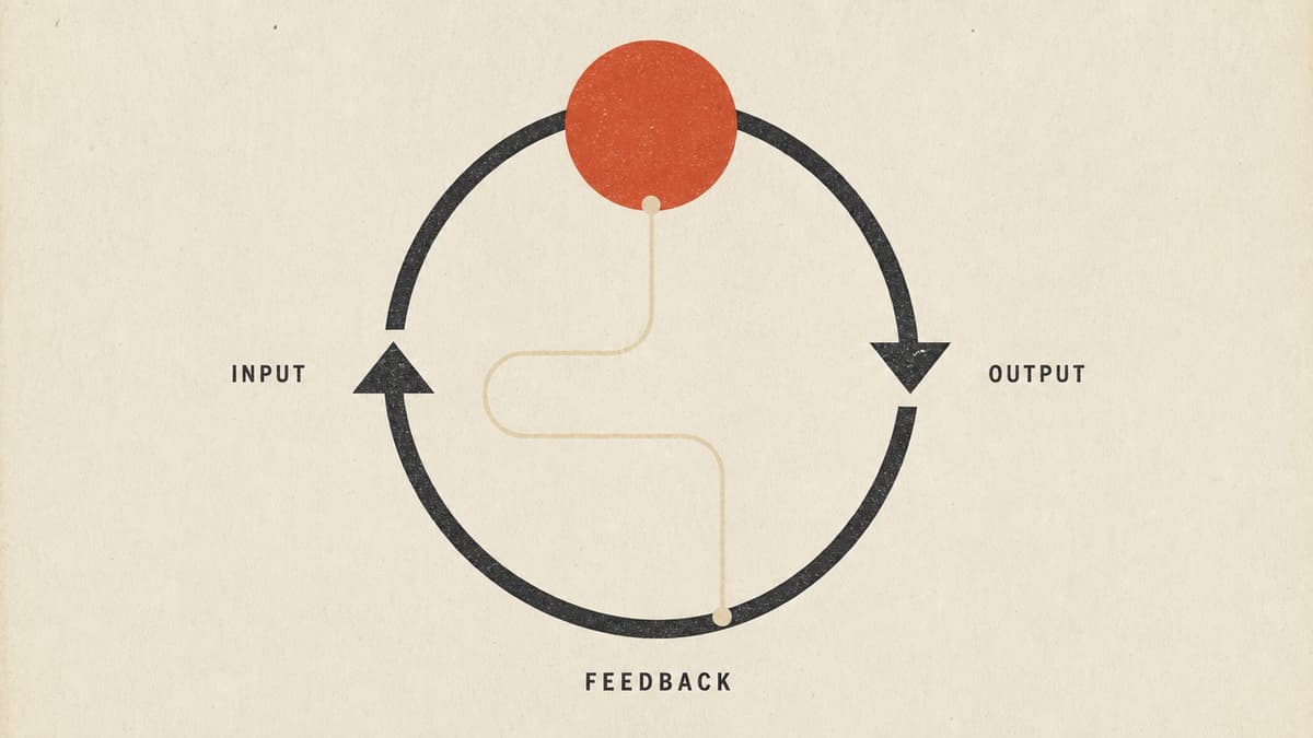 Minimalist diagram of a loop with arrows labeled input, output, and feedback around a red circle on a cream background