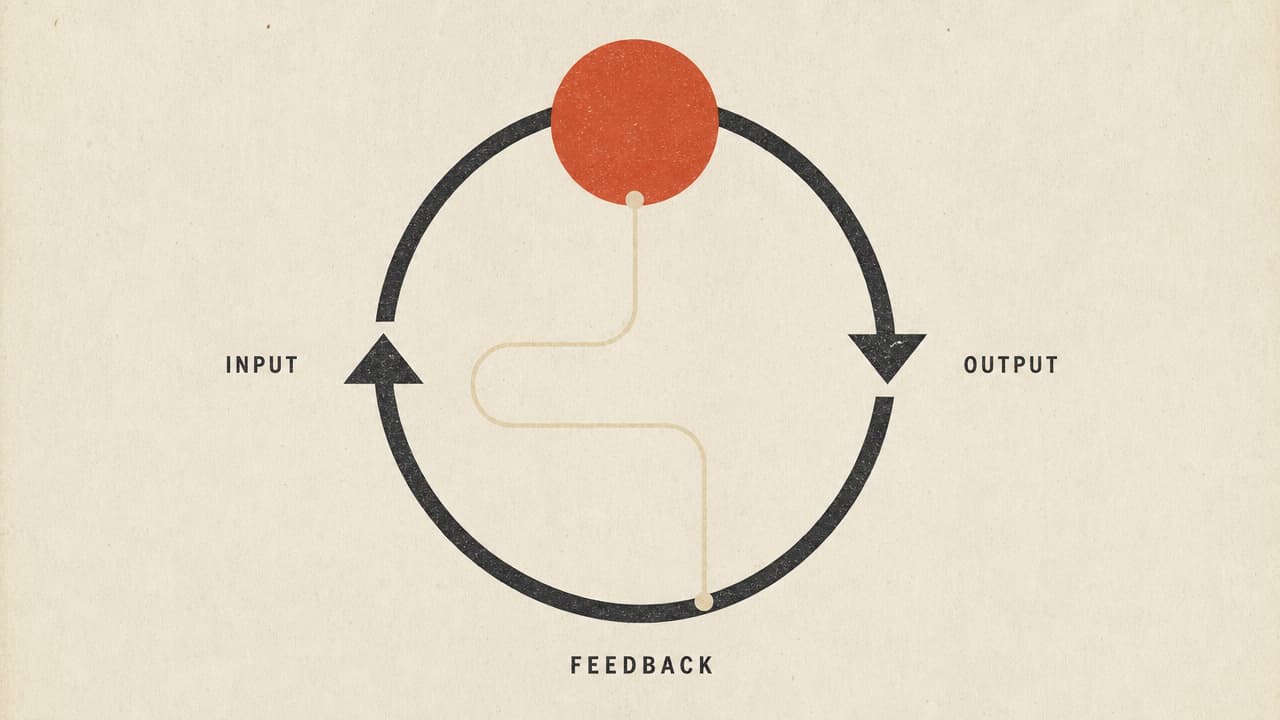 Minimalist diagram of a loop with arrows labeled input, output, and feedback around a red circle on a cream background