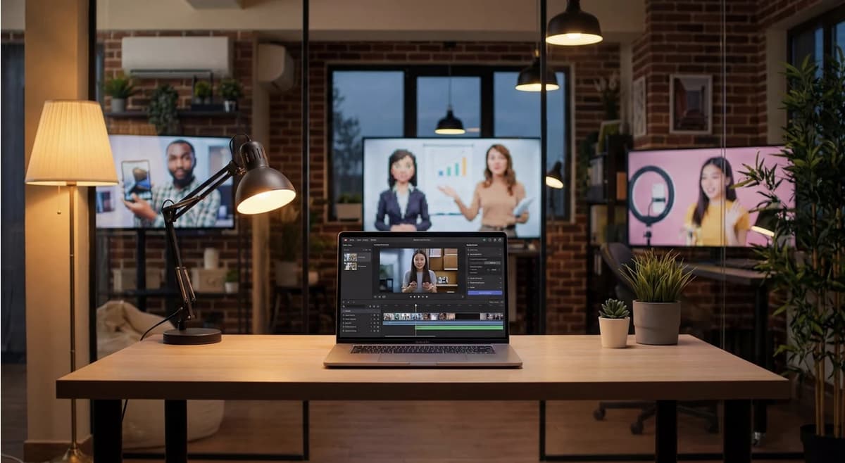 Laptop on a desk shows video editing software with a presenter clip; screens with other presenters in the background