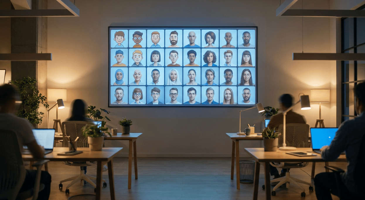 People at desks in a dim office face a large wall screen showing a grid of cartoon and realistic avatar portraits