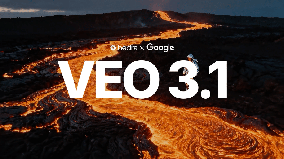 Aerial view of glowing lava flows at dusk with text "VEO 3.1" and "hedra x Google"
