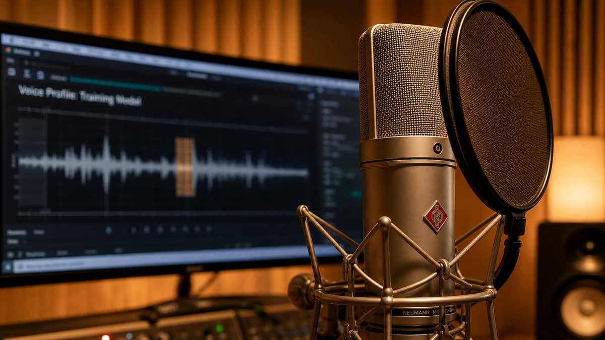Studio microphone with pop filter in front of a monitor showing a voice waveform labeled "Voice Profile: Training Model"