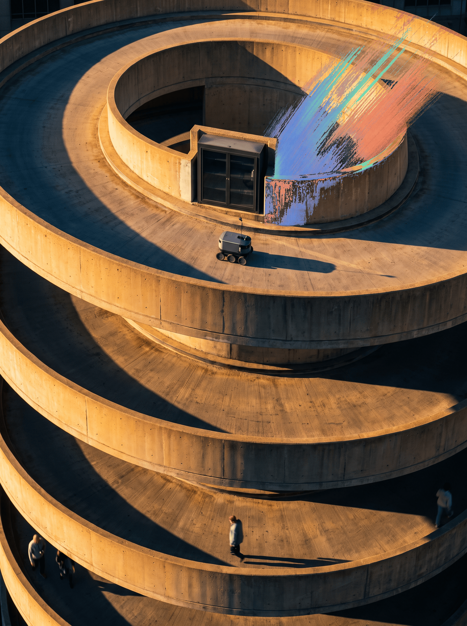 A small mobile robot and local compute cabinet on a sunlit concrete spiral ramp