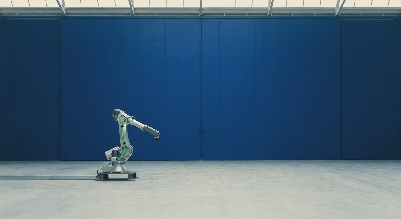 An industrial robotic arm on a factory floor in front of a blue wall