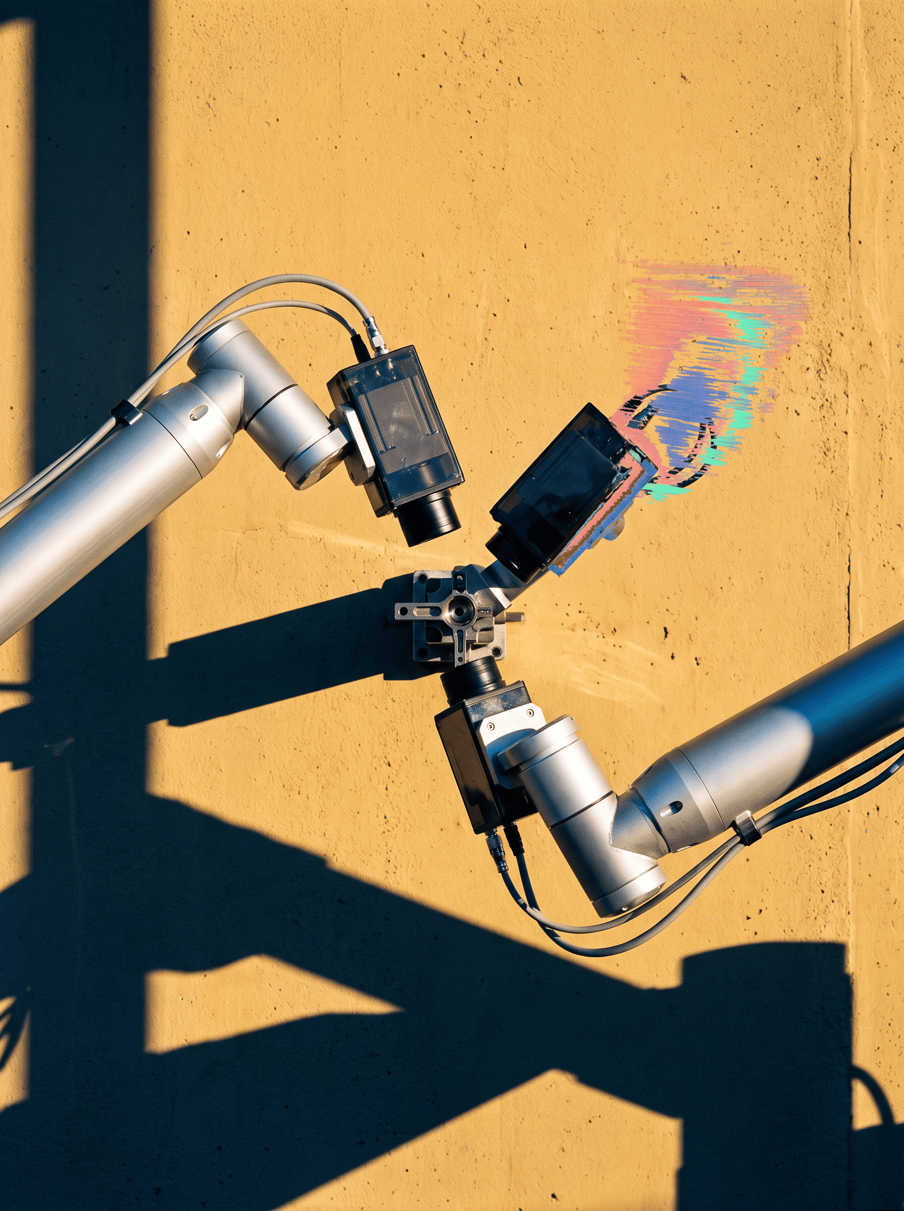 Robotic camera arms surround a machined part, casting long shadows across an ochre wall