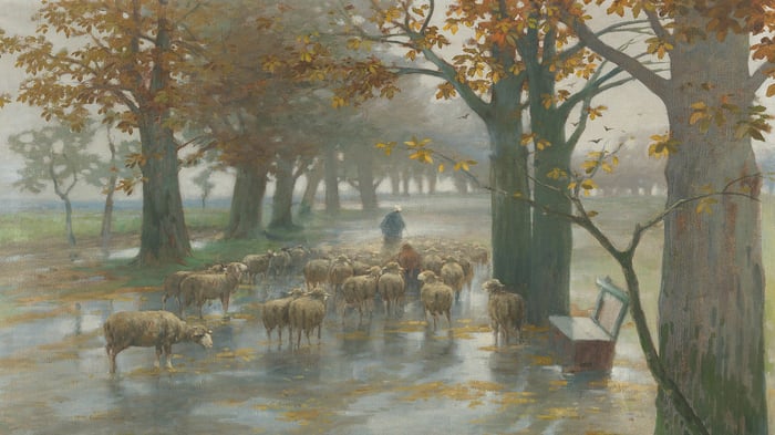 Flock of Sheep with Shepherdess on a Rainy Day