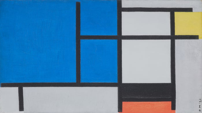Composition with Large Blue Plane, Red, Black, Yellow, and Gray