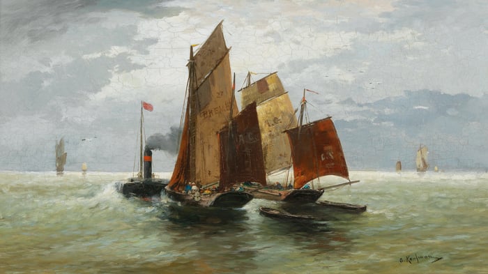 Dampfschiff und Fischer auf hoher See