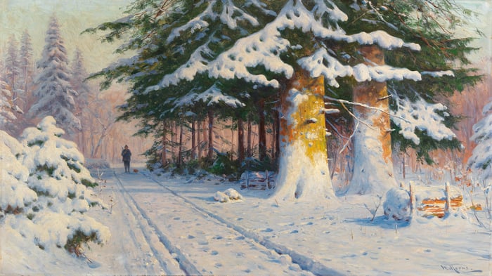 Hunter Returning Home in a Winter Woodland