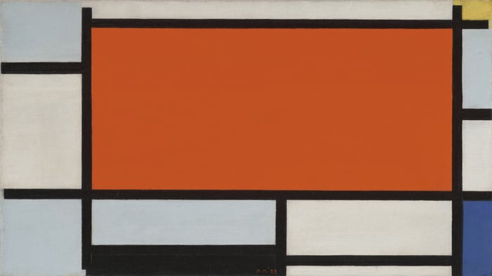 Composition with Large Red Plane, Bluish Gray, Yellow, Black and Blue