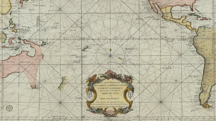 Carte réduite des mers coimprises entree l'Asie et l'Amérique apelées par  les navigateurs mer du sud ou mer pacifique, 1776
