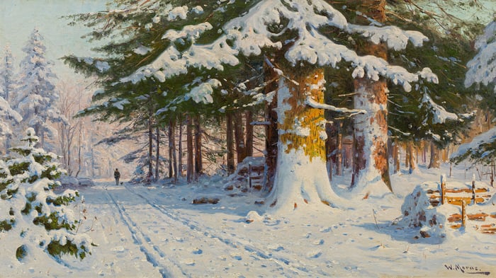 Returning Home in a Winter Woodland, Hunter in a winter forest