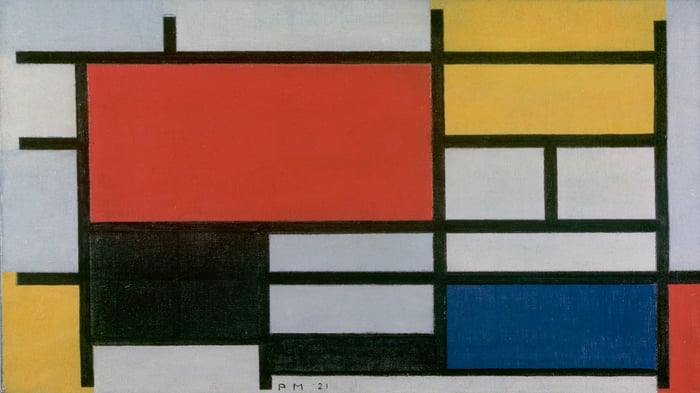 Composition with Large Red Plane, Yellow, Black, Gray, and Blue (version 3)