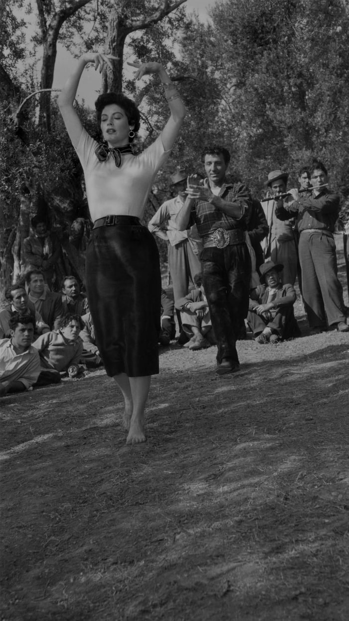 Ava Gardner during the filming of a scene for the movie The Barefoot Contessa in 1954