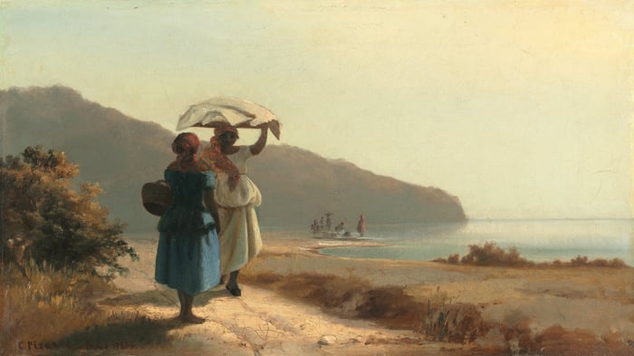 Deux femmes causant au bord de la mer