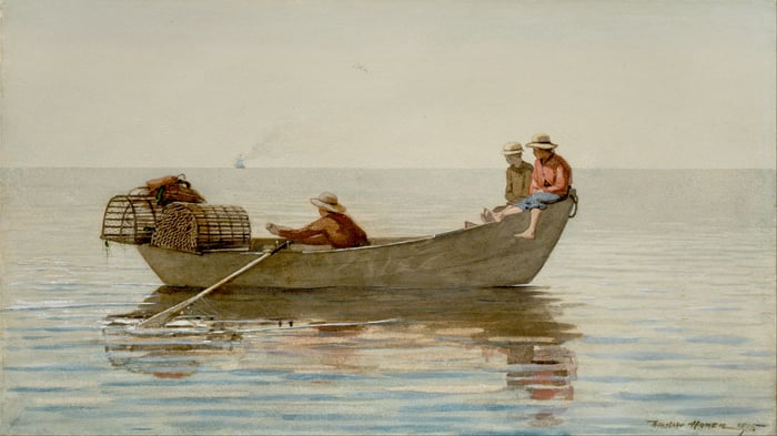 Three Boys in a Dory with Lobster Pots