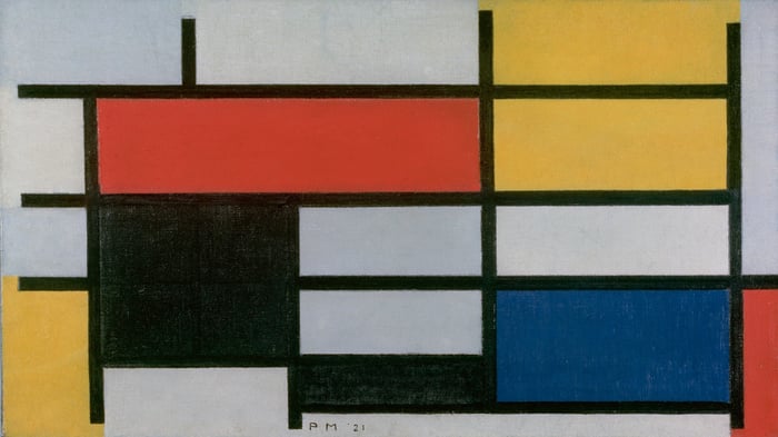 Composition with Large Red Plane, Yellow, Black, Gray, and Blue (version 2)