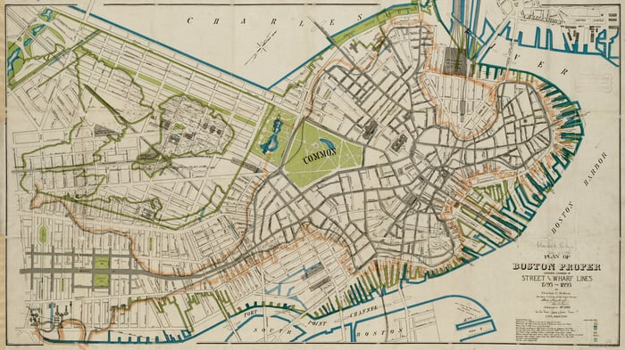 Plan of Boston Proper showing changes in street and wharf lines, 1895