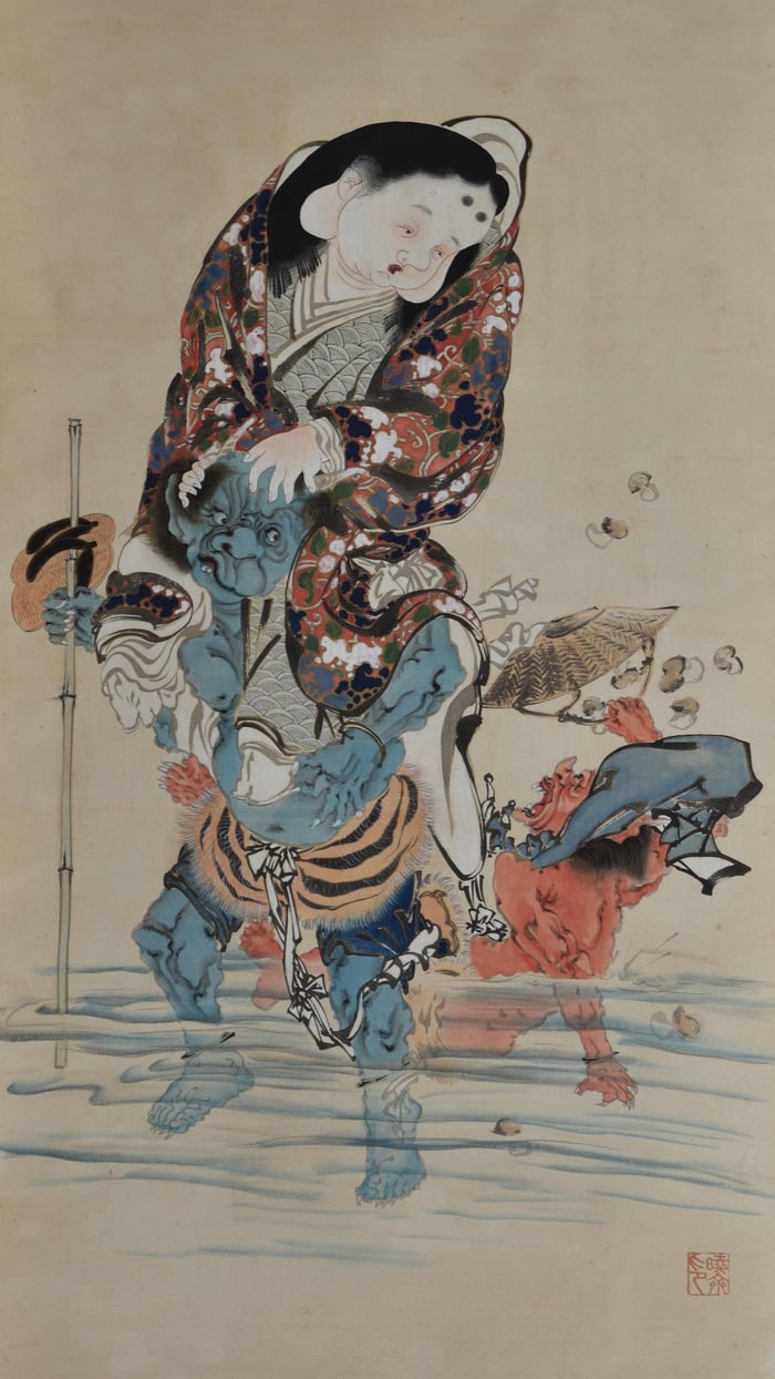 Otafuku being carried across a river on the back of a blue oni