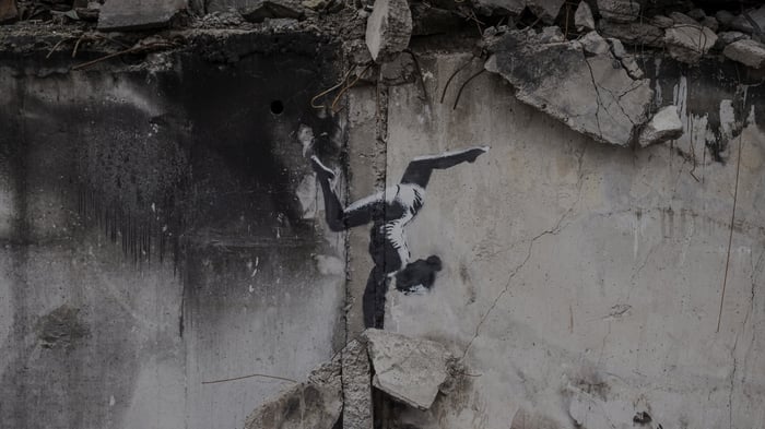 Woman in a leotard doing a handstand, Borodyanka