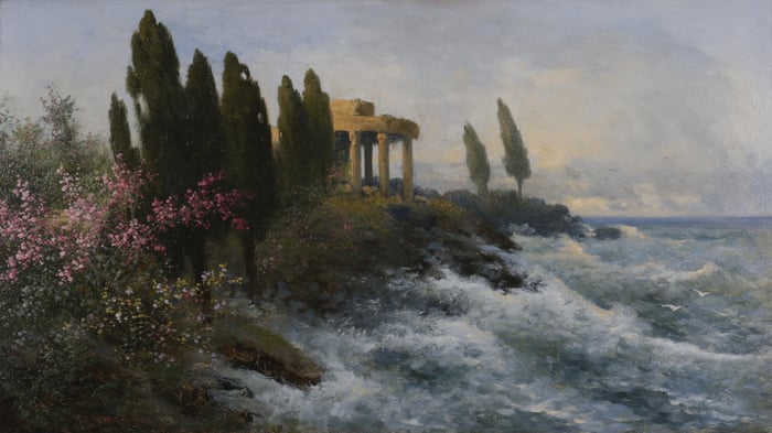 Mediterrane Landschaft mit antikem Tempel