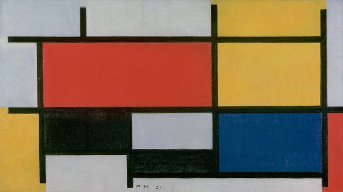 Composition with Large Red Plane, Yellow, Black, Gray, and Blue (version 1)