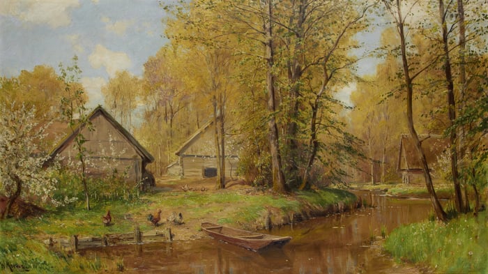 Cabins by a stream