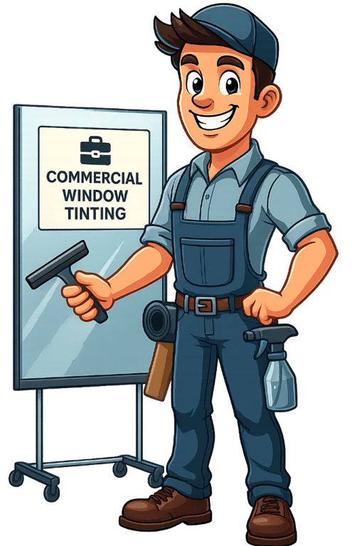 Commercial window tinting mascot in front of a whiteboard