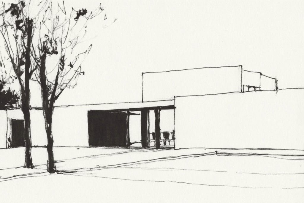 Architectural sketch of a modern house with minimalist forms and trees, in black ink on white paper.