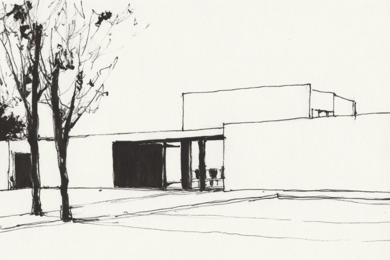 Architectural sketch of a modern house with minimalist forms and trees, in black ink on white paper.
