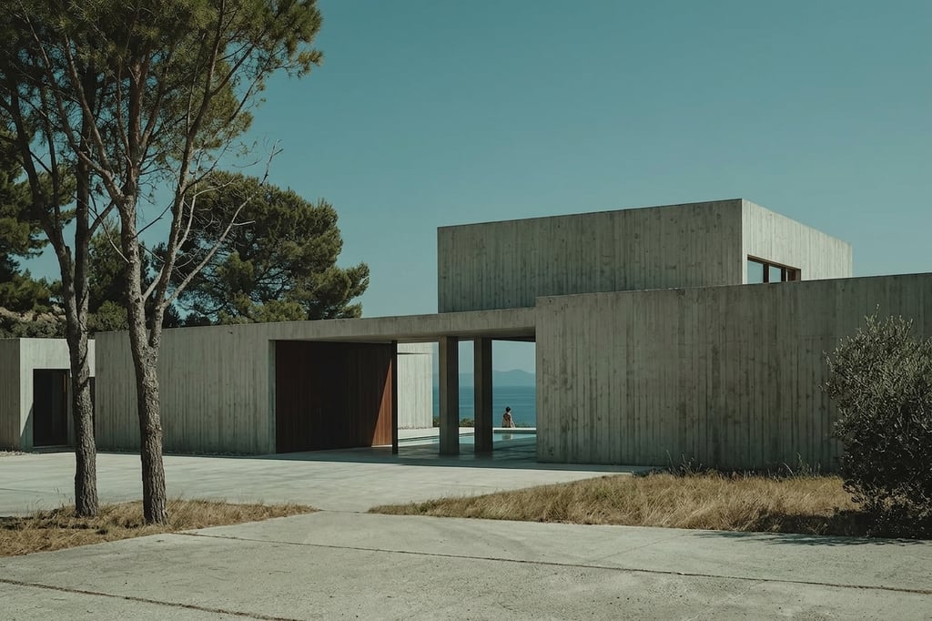 Photorealistic rendering of a minimalist concrete residence, transformed from a sketch, featuring board-formed concrete and warm daylight in a coastal setting.
