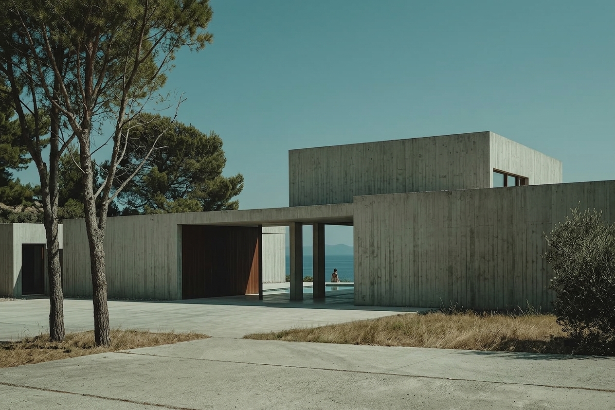 Photorealistic rendering of a minimalist concrete residence, transformed from a sketch, featuring board-formed concrete and warm daylight in a coastal setting.