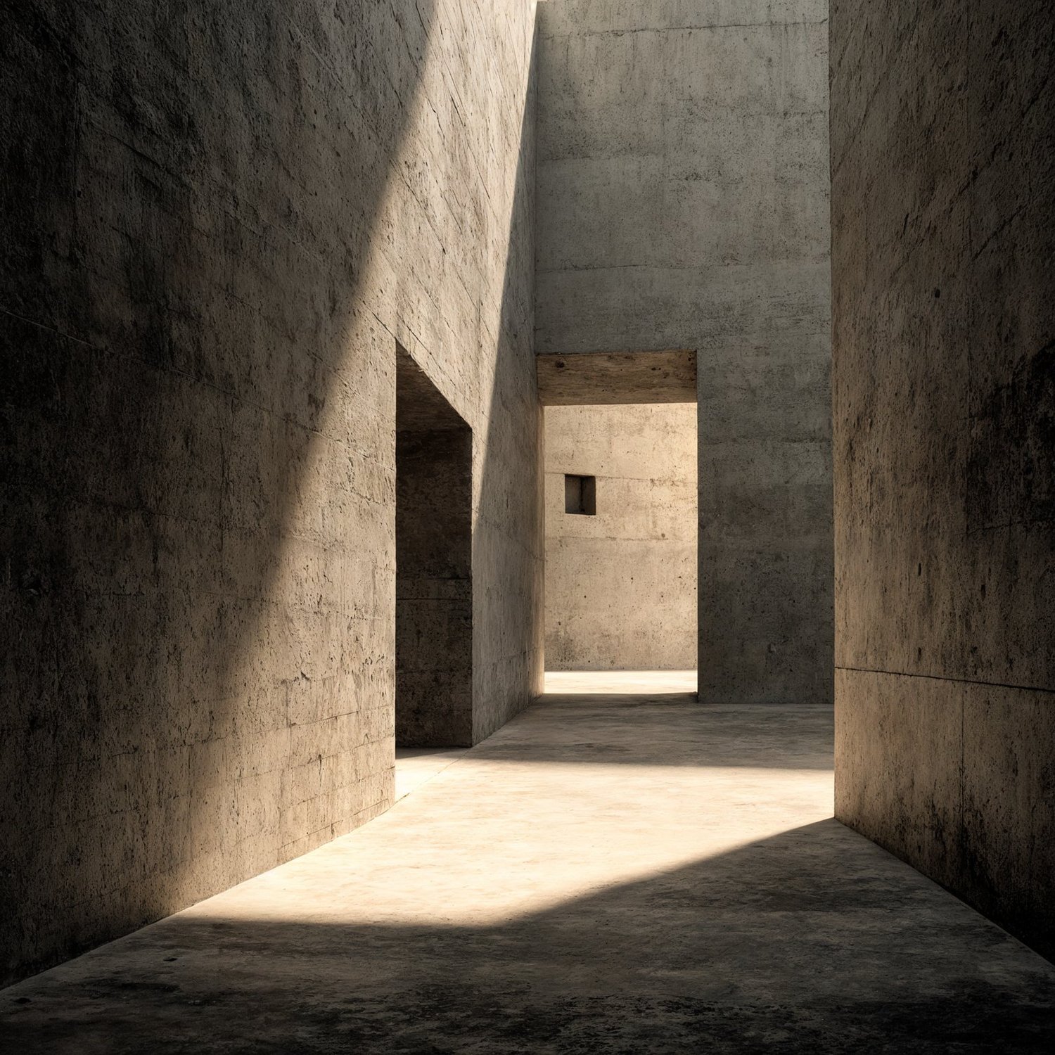 Concrete corridor with strong sunlight casting dramatic shadows on textured walls and floor.