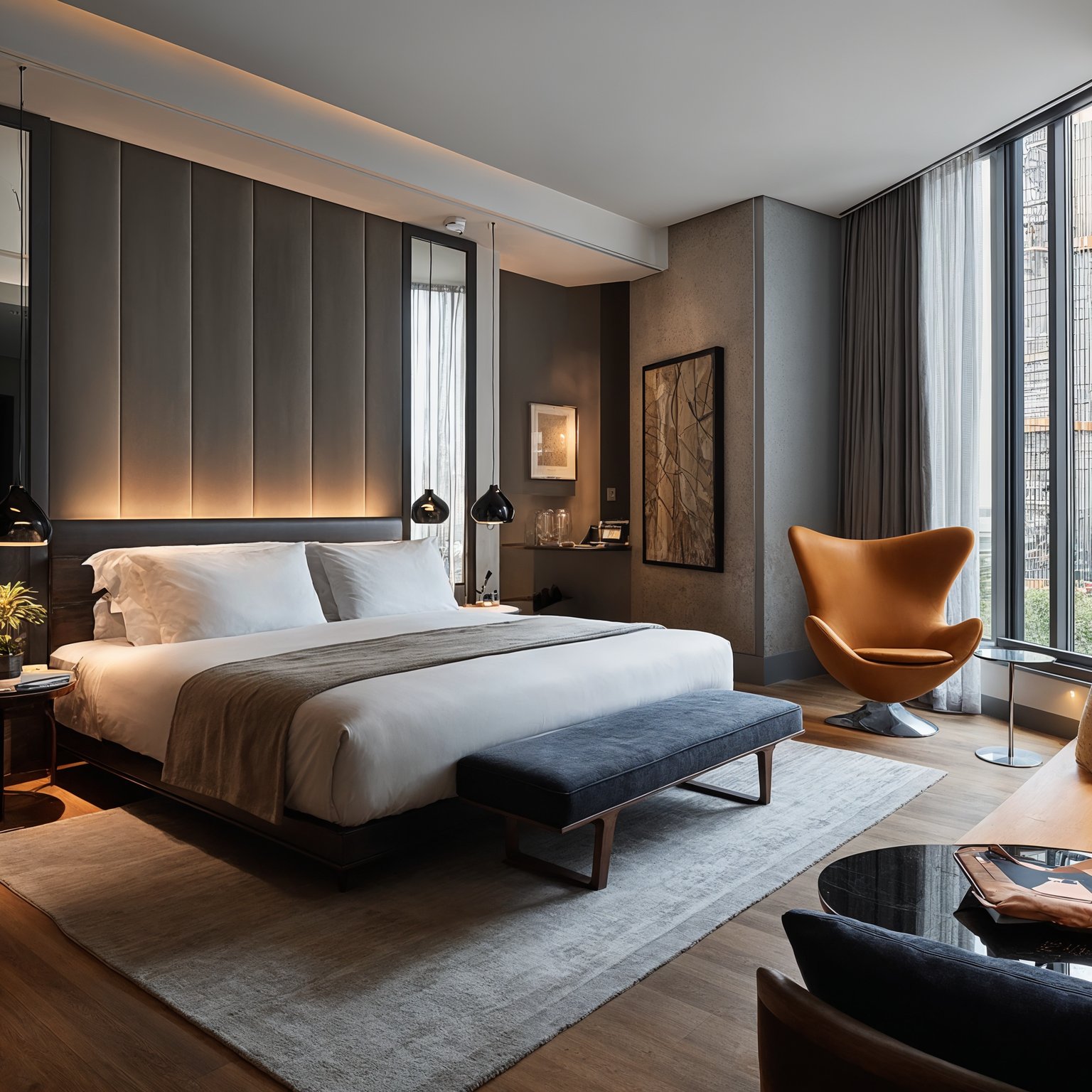 Modern hotel bedroom with large bed, padded headboard, orange chair, and city view.