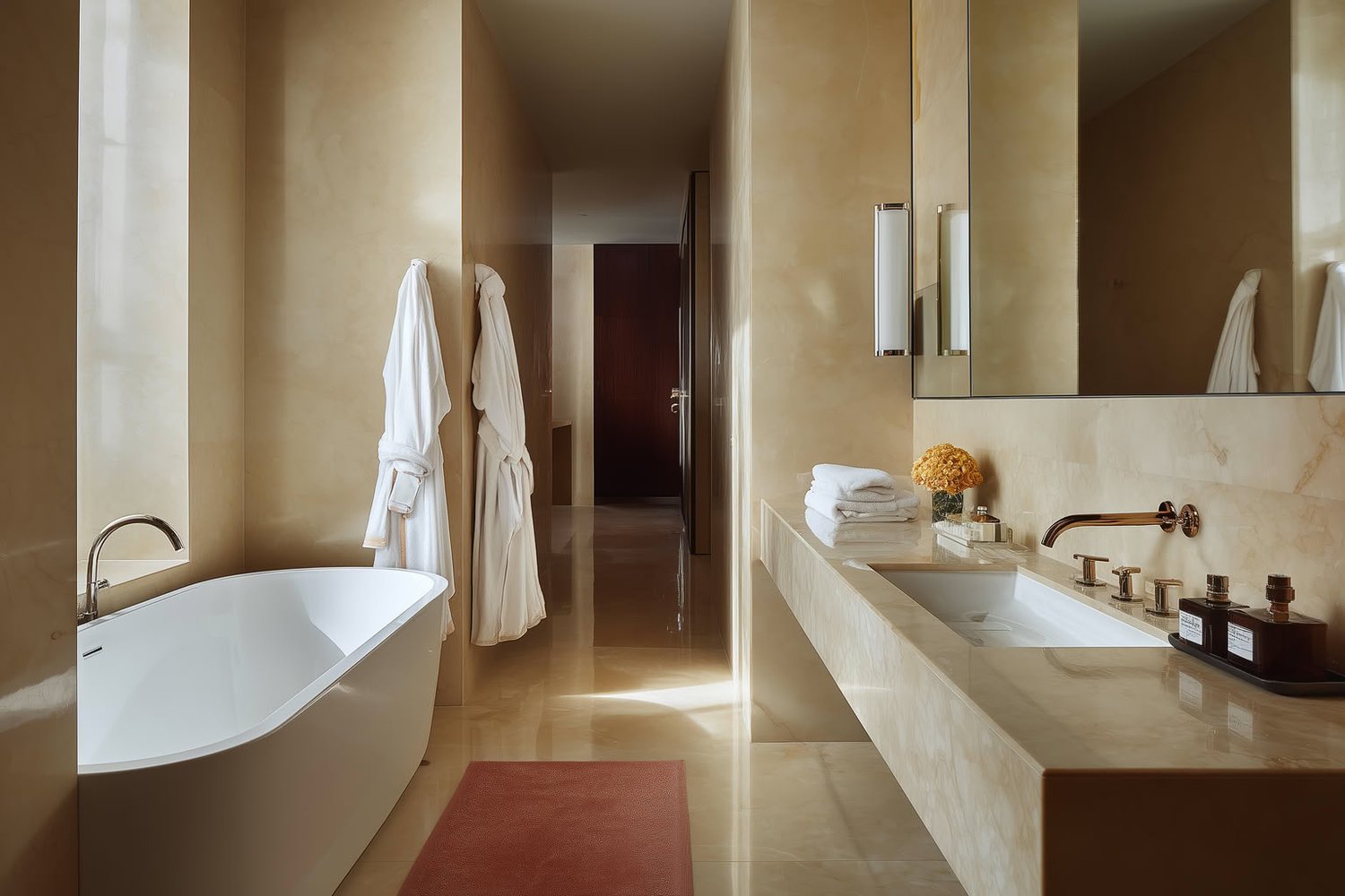 Modern bathroom with freestanding tub, floating vanity, beige marble, and brass fixtures.