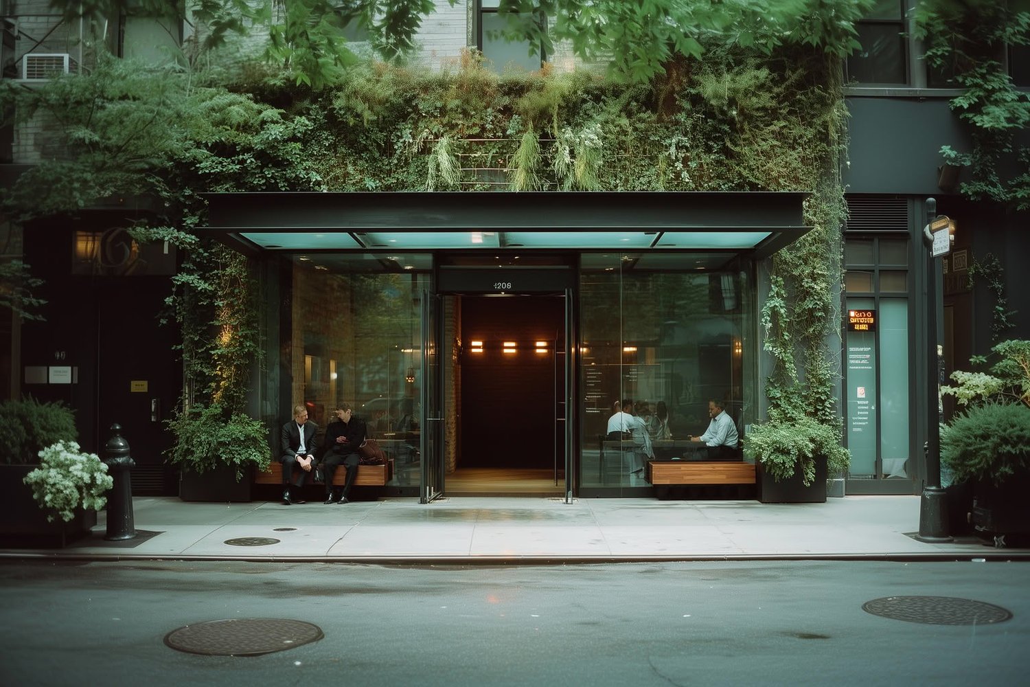 Modern building with glass facade, lush vertical garden, and dark metal frame.