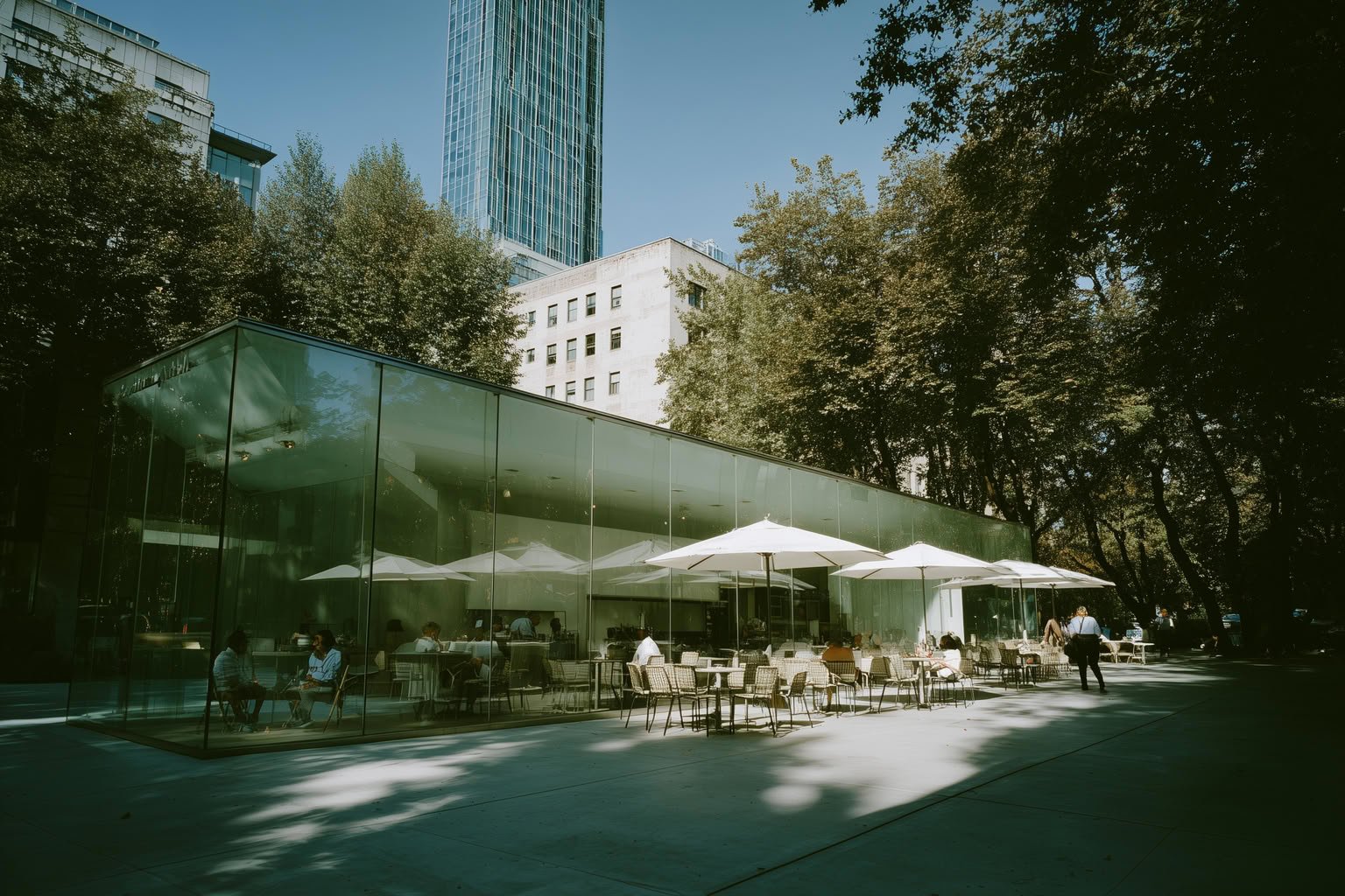 Modern glass pavilion cafe with outdoor seating and lush trees in an urban park.