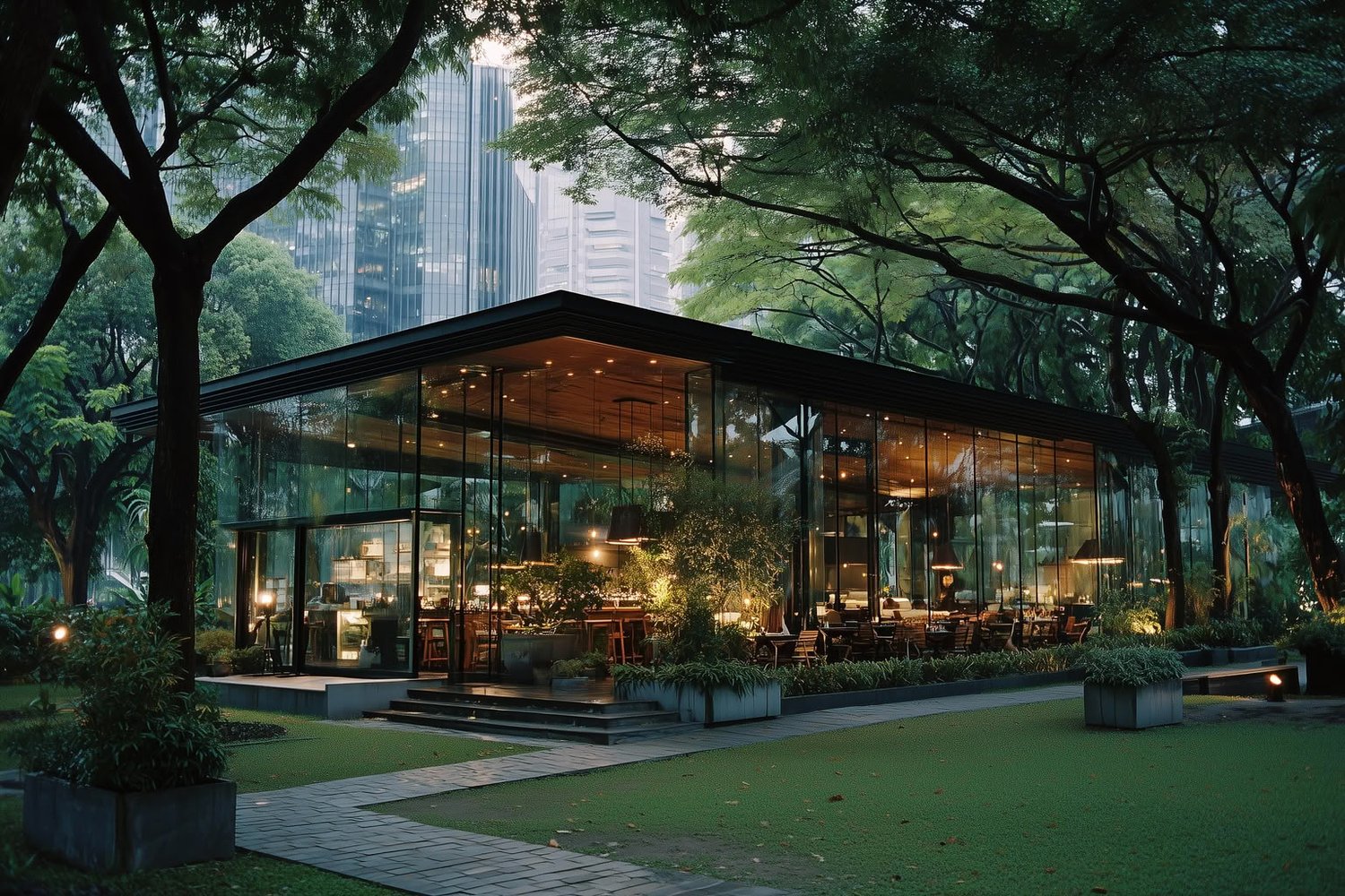 Modern glass building with warm interior lights surrounded by lush trees at dusk.