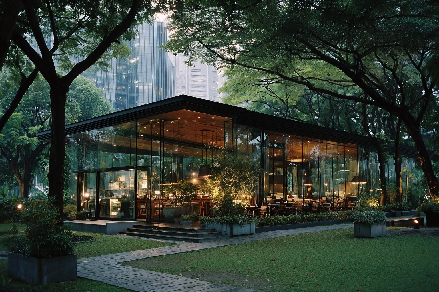 Modern glass building with warm interior lights surrounded by lush trees at dusk.
