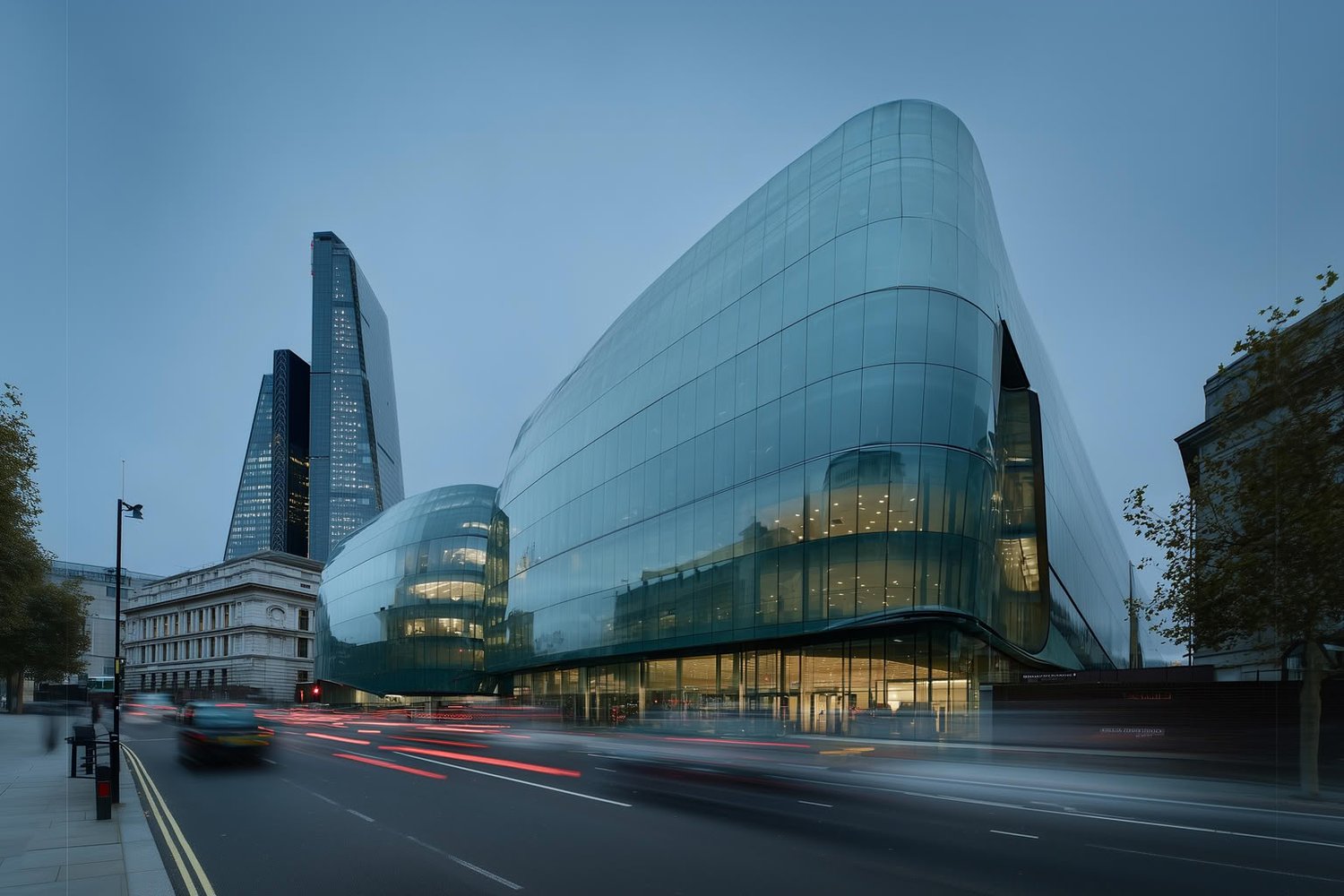 Modern glass buildings with curved facades and city skyscrapers at dusk.