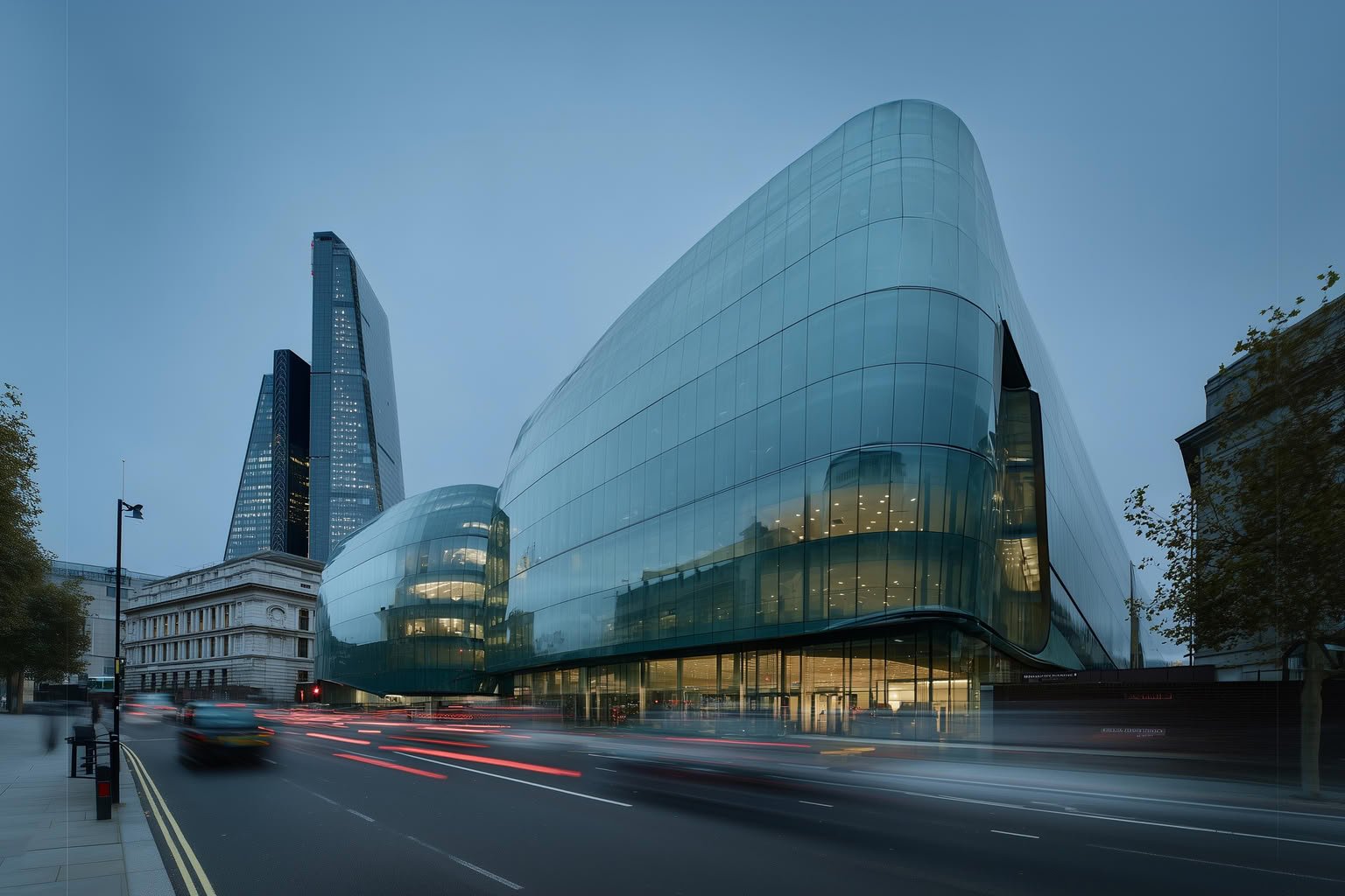 Modern glass buildings with curved facades and city skyscrapers at dusk.