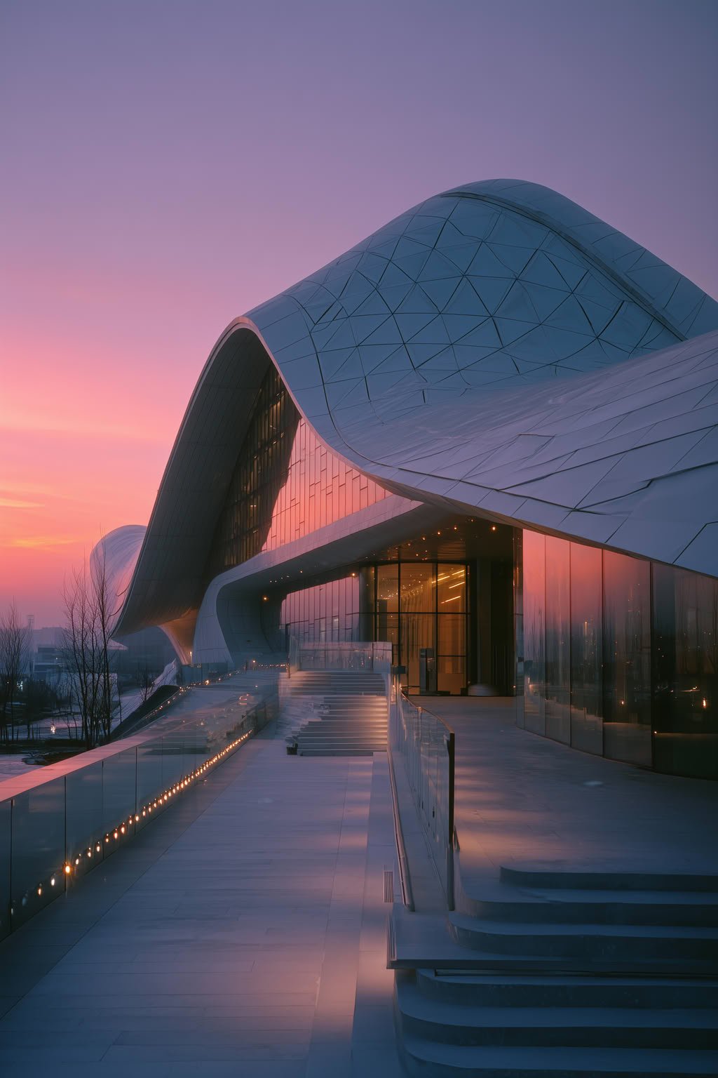 Modern building with flowing white forms and glass facades reflects a pink and purple sunset.