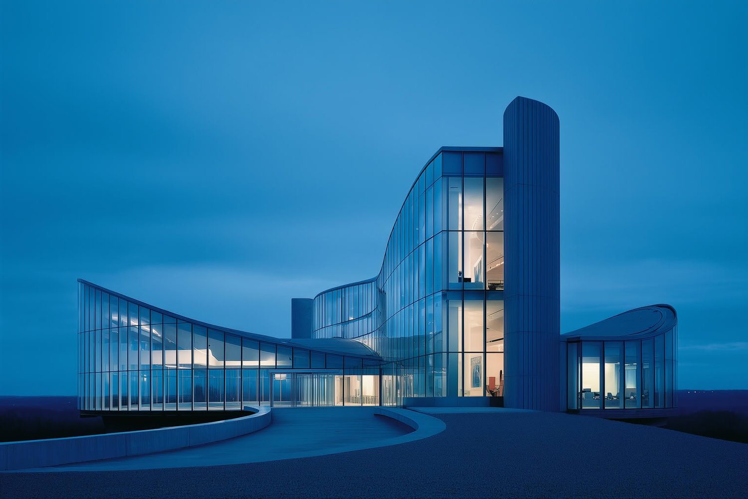 Modern building with curving glass facade, illuminated interiors, and a deep blue twilight sky.